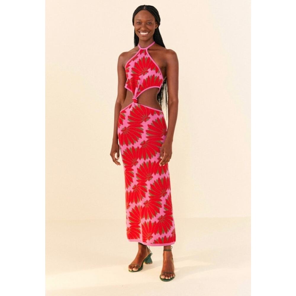 Anthropologie Farm Rio Copacabana Knit Maxi Halter Dress Cut Out Waist Floral